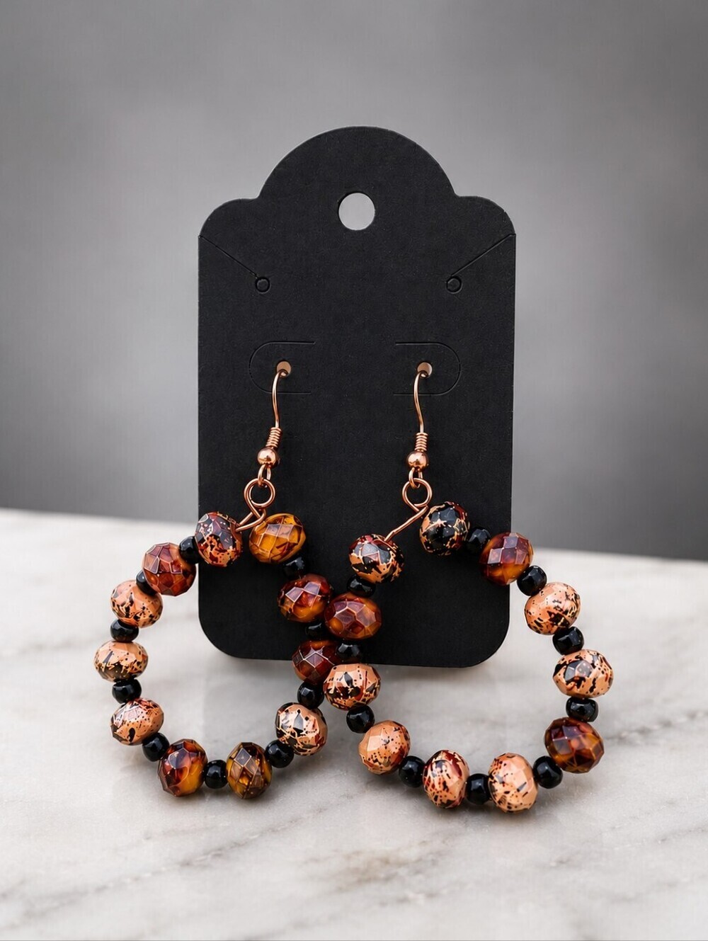 Rustic Copper & Amber Beaded Hoop Earrings | Boho Statement Dangle Earrings